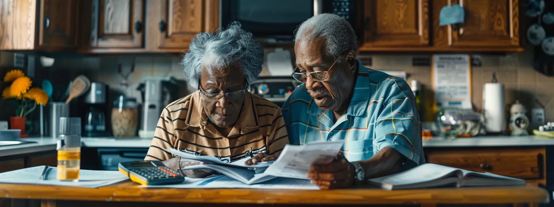a senior couple reviewing medical bills and medicare documents at a kitchen table, surrounded by calculator, notebook, and pen.
