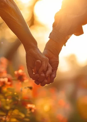 a serene elderly couple holding hands in a sunlit garden, surrounded by blooming flowers and a peaceful atmosphere, symbolizing the peace of mind final expense insurance can provide.