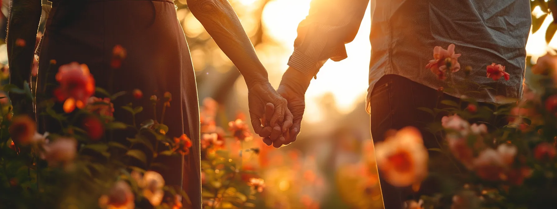 a serene elderly couple holding hands in a sunlit garden, surrounded by blooming flowers and a peaceful atmosphere, symbolizing the peace of mind final expense insurance can provide.