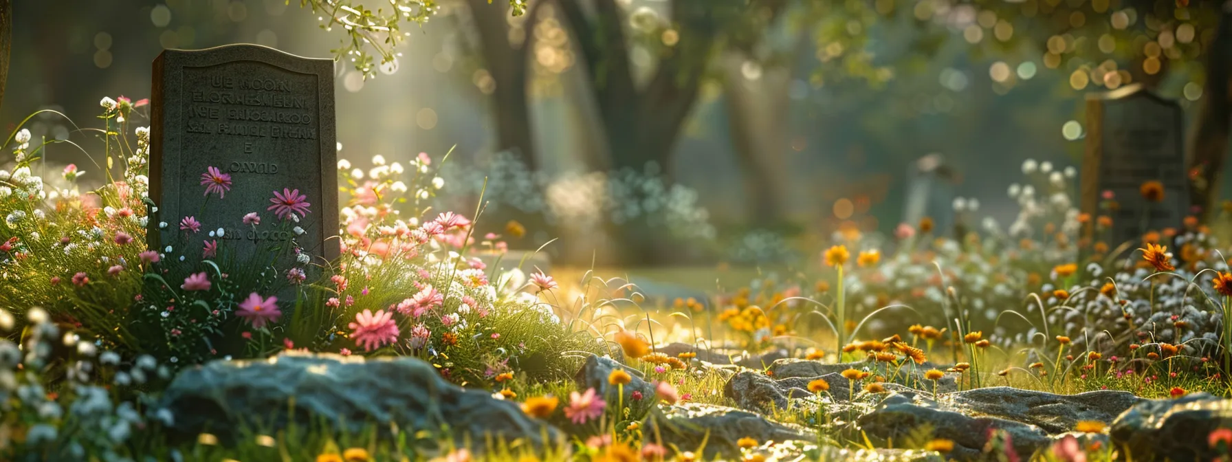 a serene cemetery scene with a beautifully engraved headstone, surrounded by flowers, capturing the peace of mind final expense insurance can provide.
