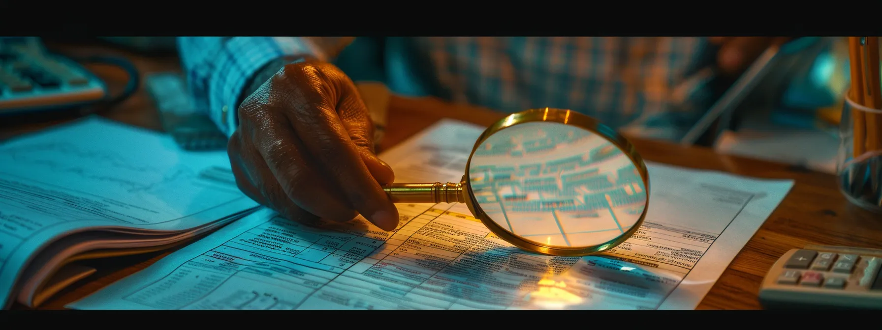 a person holding a magnifying glass over a contract, with a calculator and paperwork spread out on a desk, symbolizing the process of converting a term policy to whole life insurance.