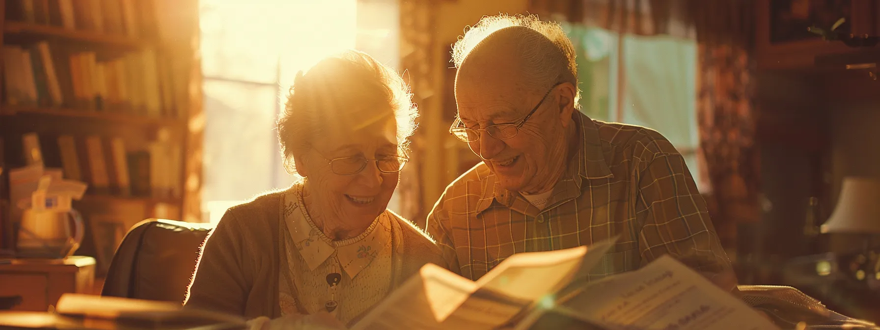 a serene elderly couple smiling as they review final expense insurance paperwork together, surrounded by comforting golden light and stacks of informative brochures.