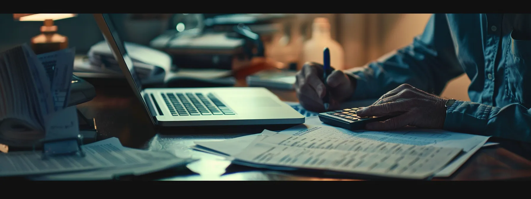 a person sitting at a desk with a calculator, financial documents, and a laptop, consulting with an insurance professional.