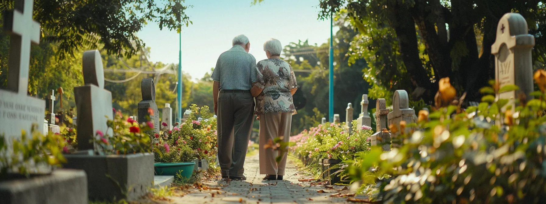 a serene elderly couple peacefully selecting a burial plot together in a quiet cemetery.