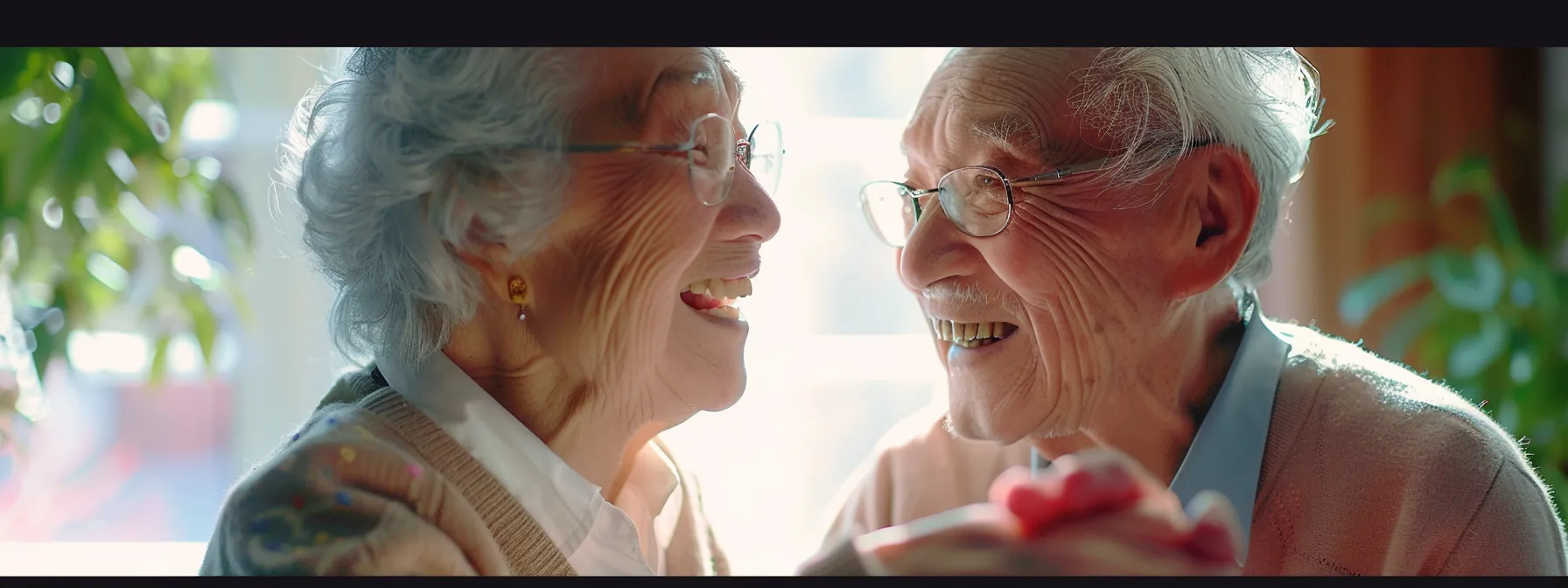 a senior couple smiling happily while holding hands and reviewing their medicare information together.