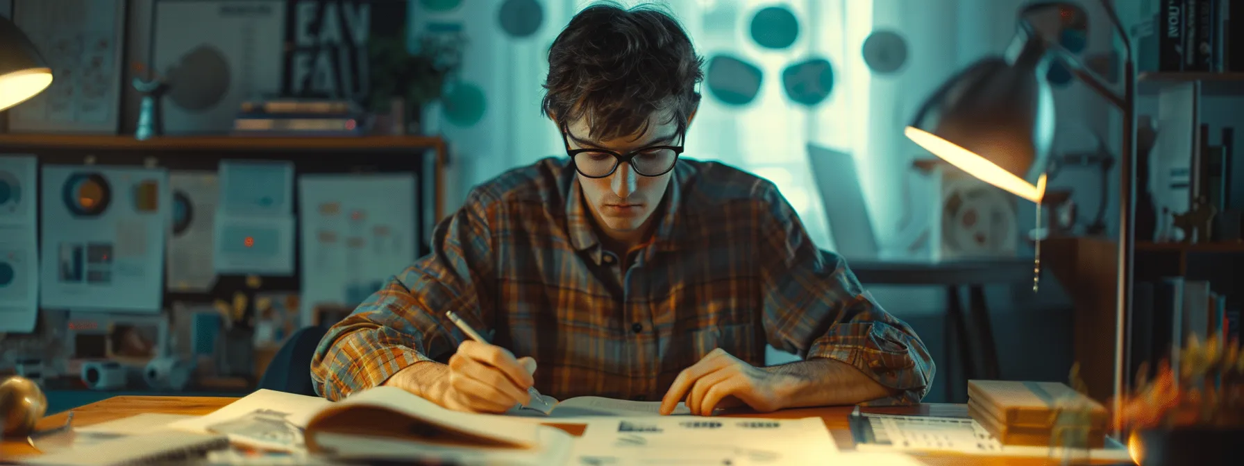 a focused individual meticulously preparing a financial roadmap for whole life insurance maturity, surrounded by strategic planning tools and documents.