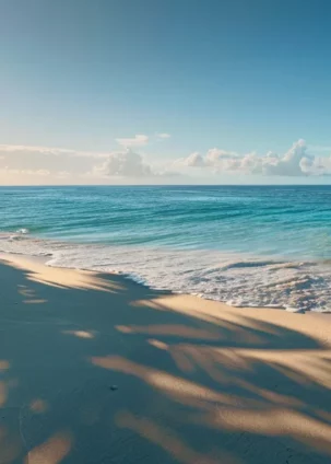 a serene, sunlit beach with a palm tree casting a long shadow and a crystal clear ocean stretching out into the horizon, symbolizing the long-term stability and security of an annuity.