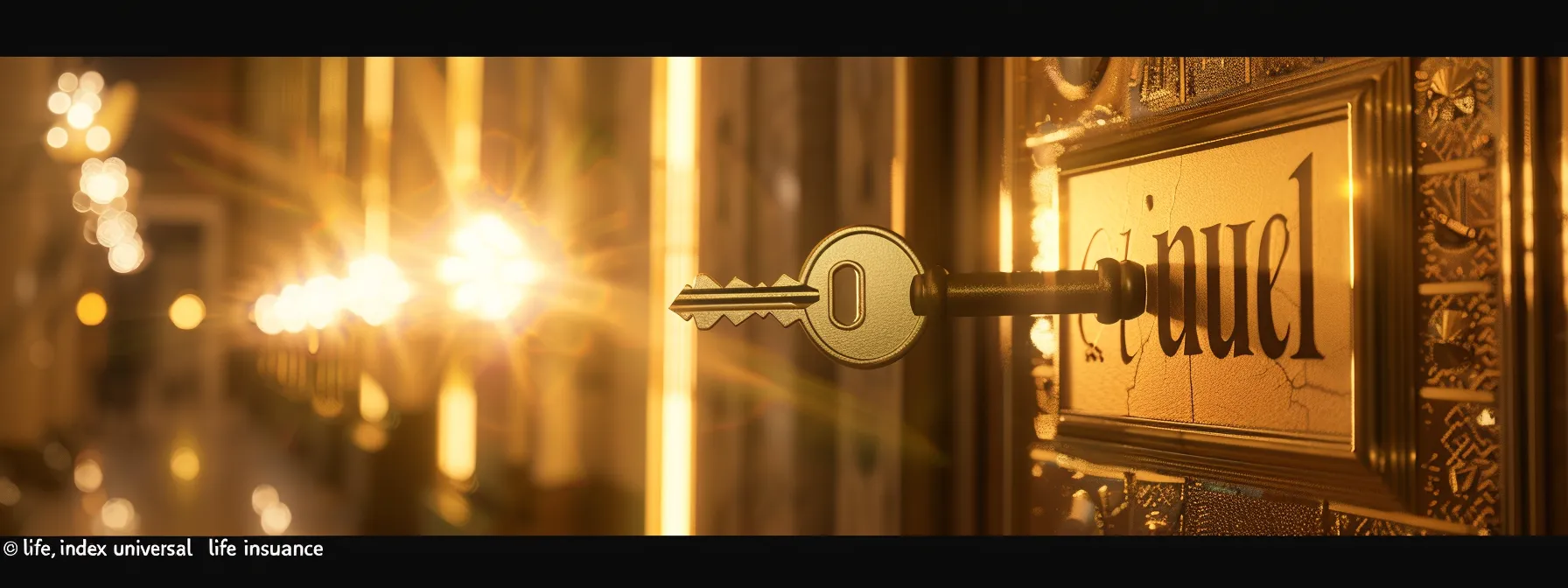 a golden key unlocking a radiant door labeled "iul, index universal life insurance".
