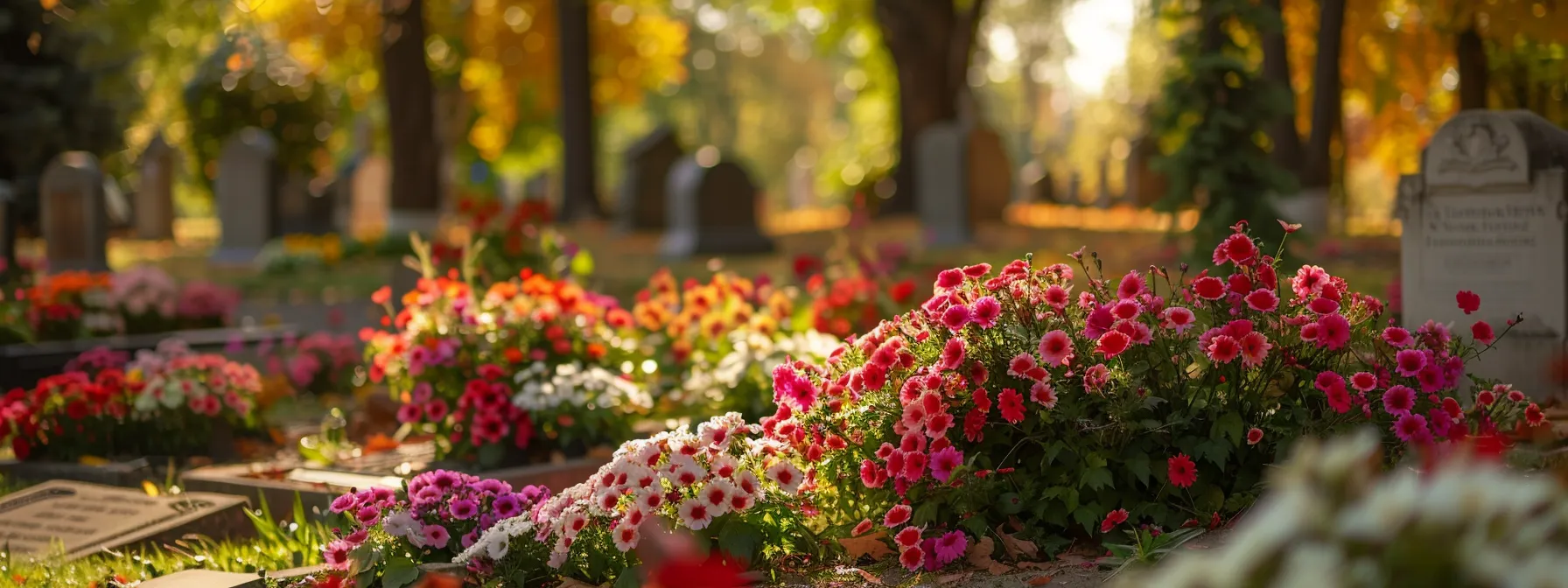 a peaceful cemetery with a colorful array of flowers and headstones, capturing the essence of final expense insurance covering burial expenses.