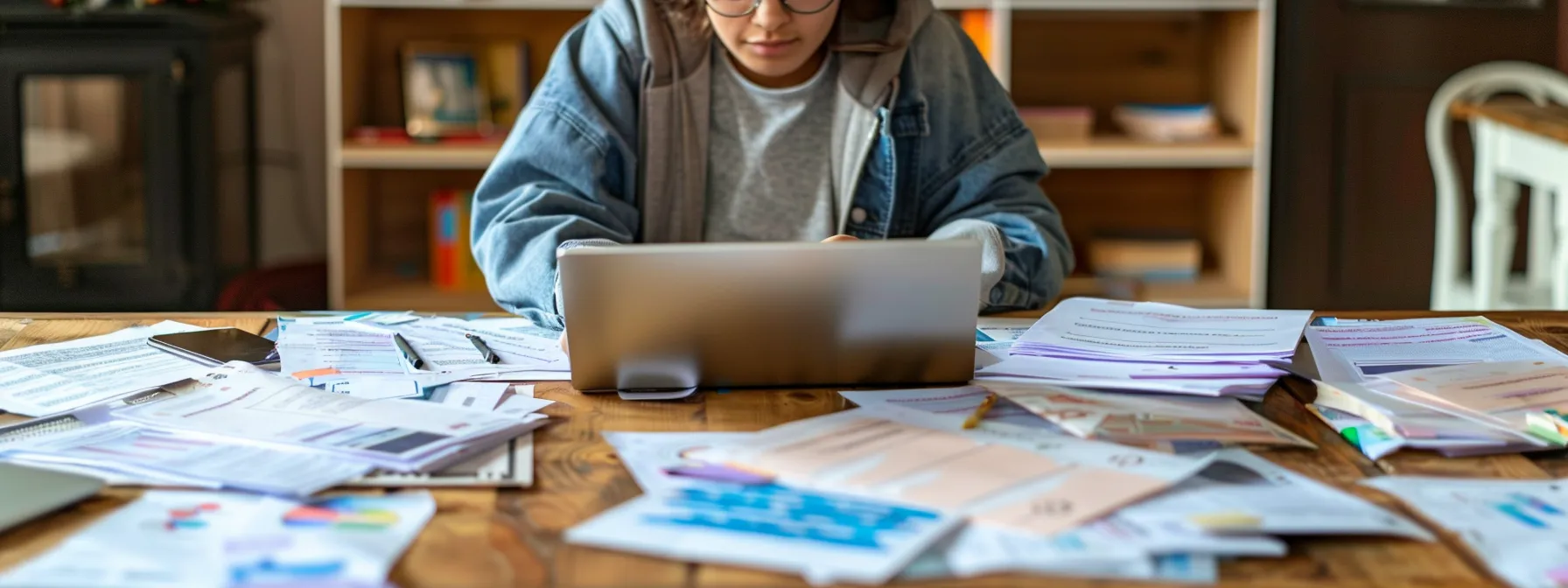 a person sitting at a desk, surrounded by papers and a laptop, comparing different whole life insurance policies from various providers.
