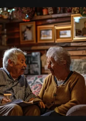 a serene elderly couple sitting in a cozy home, surrounded by family photos and cherished mementos, discussing the benefits of whole life insurance.