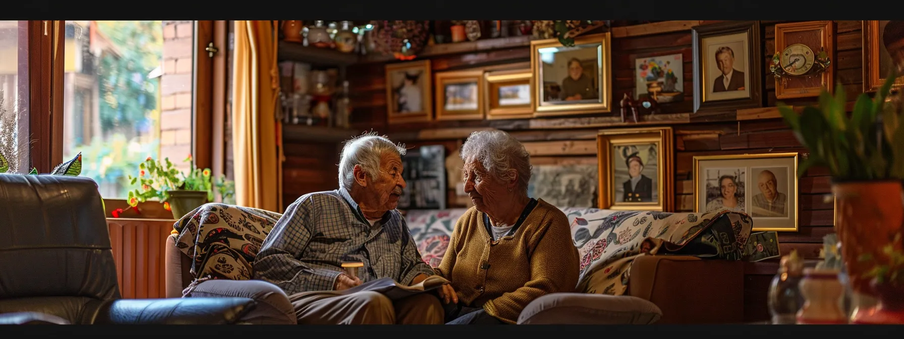 a serene elderly couple sitting in a cozy home, surrounded by family photos and cherished mementos, discussing the benefits of whole life insurance.