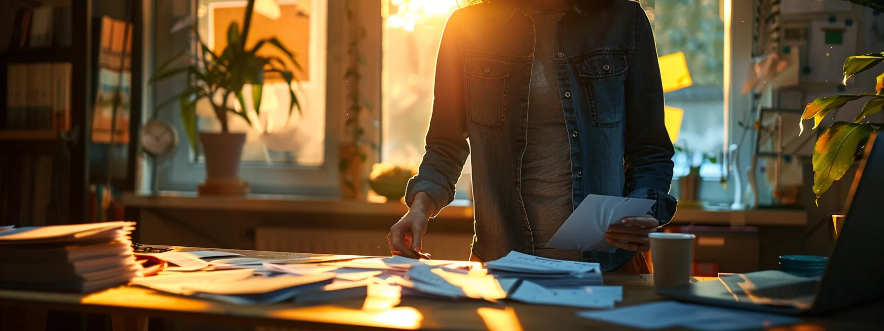 a person standing in front of a table covered with various insurance policy riders and customizations, carefully considering each option.