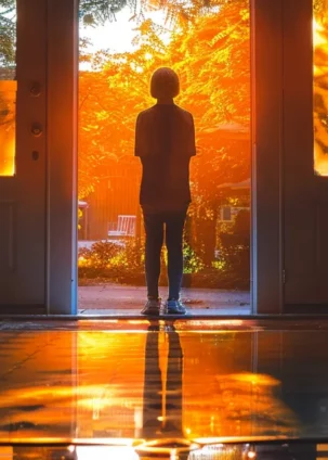 an individual standing confidently in front of a bright, welcoming door, symbolizing the security and protection of term life insurance.
