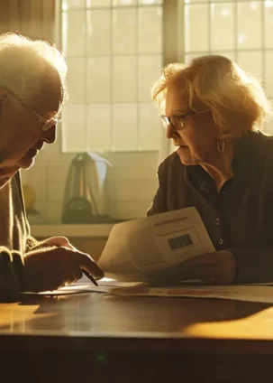 a senior couple sitting at a kitchen table, reviewing medicare plan documents with a thoughtful and engaged expression.