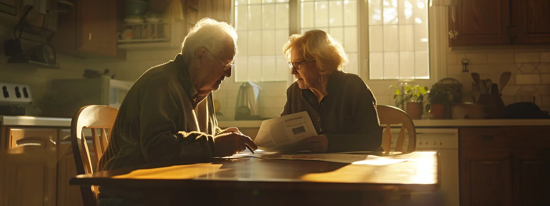 a senior couple sitting at a kitchen table, reviewing medicare plan documents with a thoughtful and engaged expression.