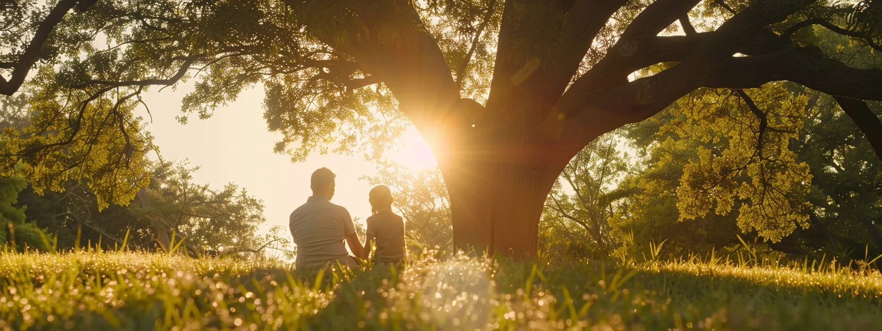 a serene and secure family enjoying financial peace of mind under the shelter of a flourishing tree, symbolizing the growth and protection offered by indexed universal life insurance.