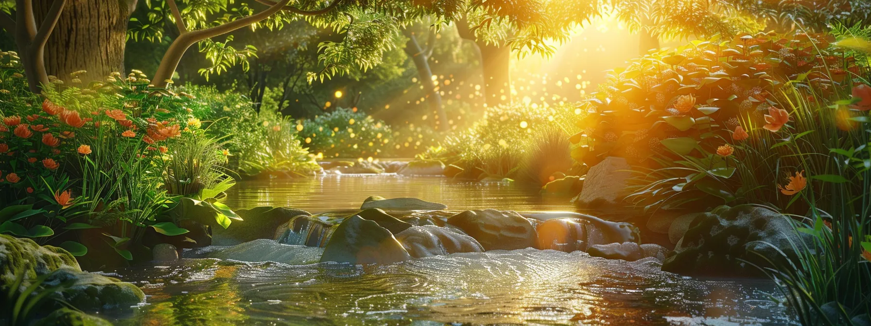 a serene, sunlit garden with a peaceful stream flowing through, symbolizing the lifetime coverage and financial security offered by whole life insurance.