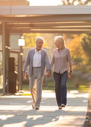 a senior couple happily walking hand in hand towards a welcoming medicare office.