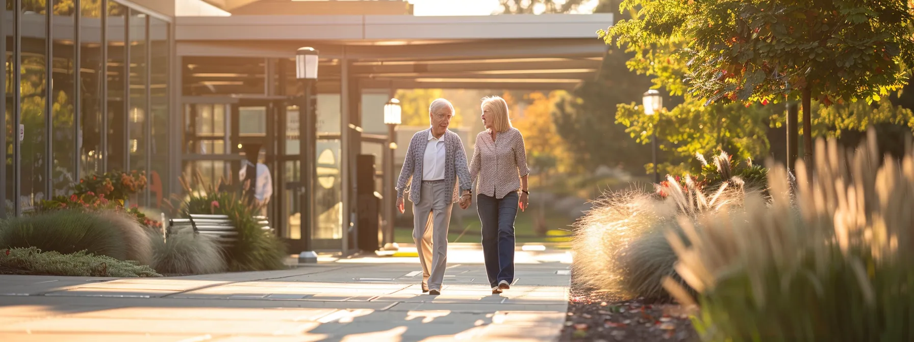 a senior couple happily walking hand in hand towards a welcoming medicare office.