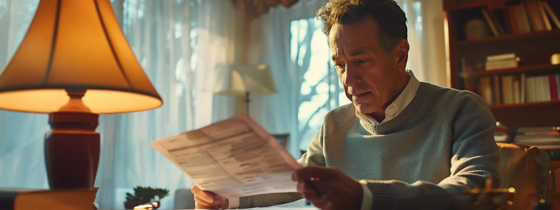 a middle-aged professional with a thoughtful expression, reviewing financial documents and insurance policies at a desk in a well-lit home office.