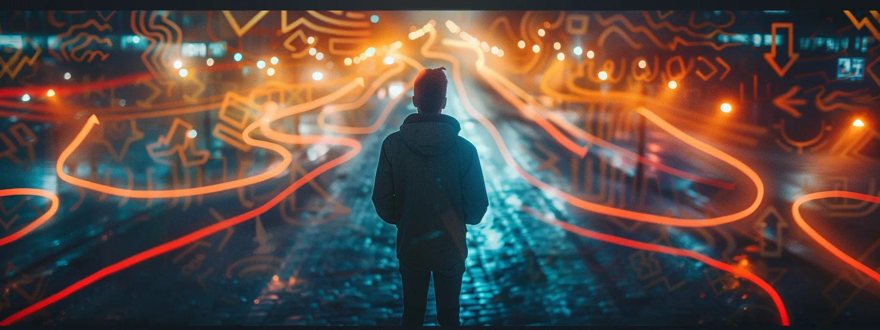 a person contemplating financial decisions, surrounded by contrasting paths of benefits and risks.