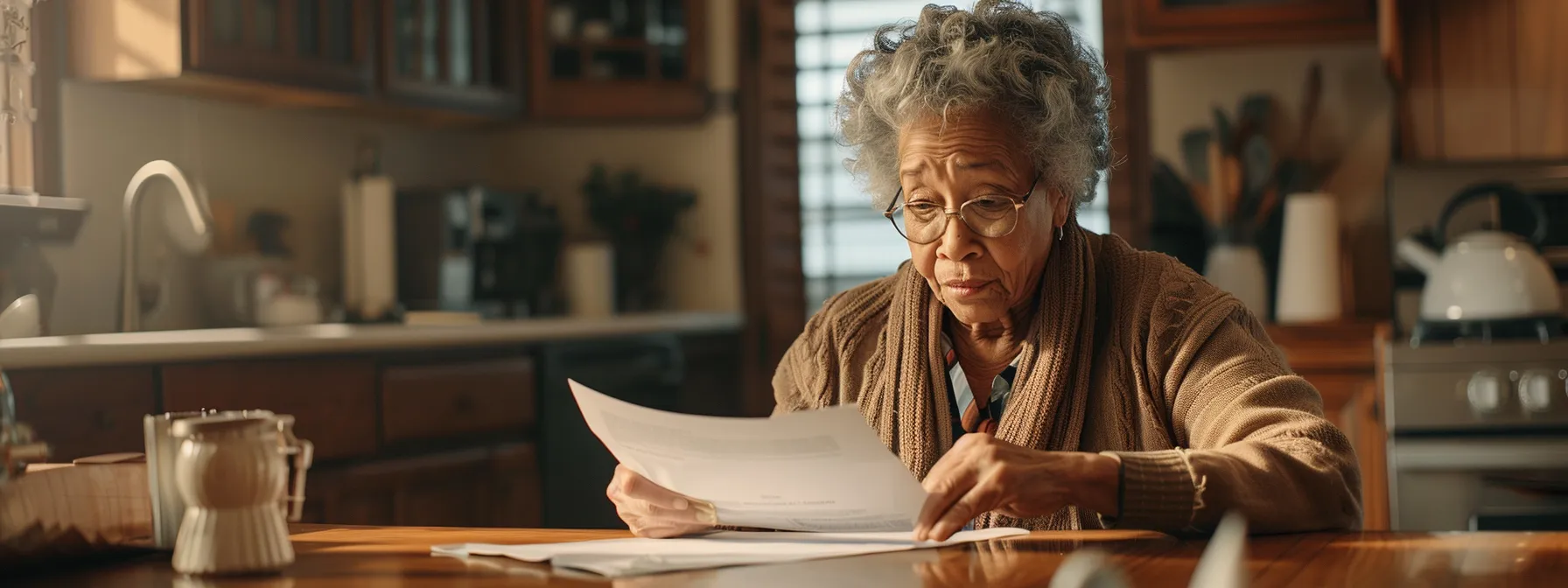 a senior woman confidently completing medicare enrollment paperwork at a cozy kitchen table.