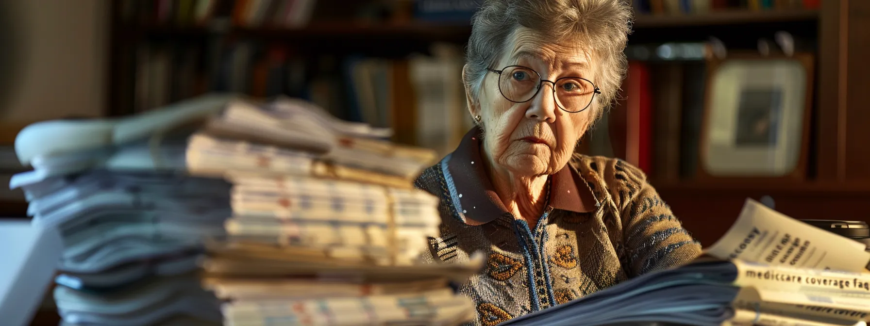 a senior woman confidently navigating a stack of paperwork labeled 