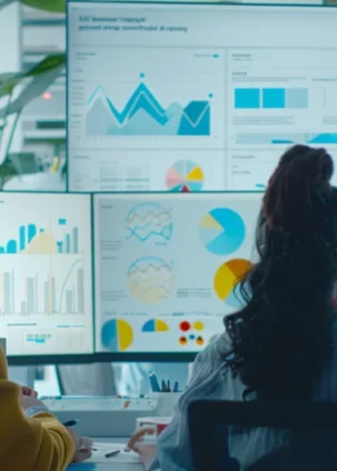 a diverse group of professionals studying financial charts and graphs in a modern office setting.