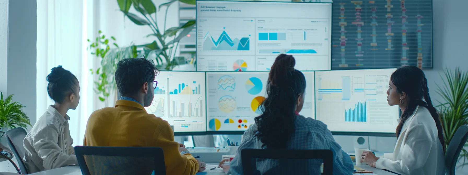 a diverse group of professionals studying financial charts and graphs in a modern office setting.