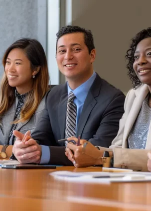 a serene image of a diverse group of individuals of varying ages and backgrounds discussing different types of term life insurance options at a modern office conference table.