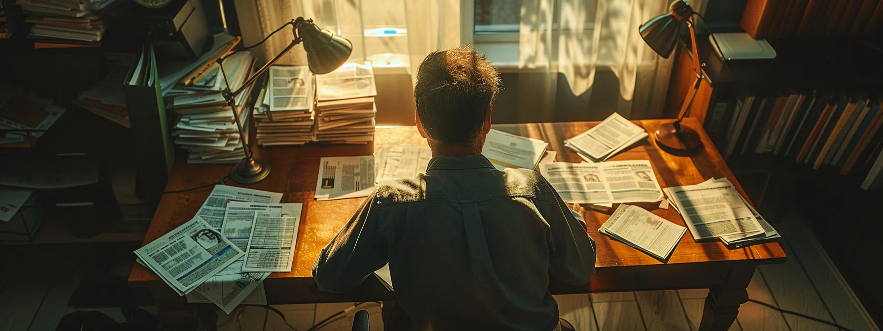 a person sitting at a desk, surrounded by financial documents, pondering the option of borrowing against their whole life insurance policy.